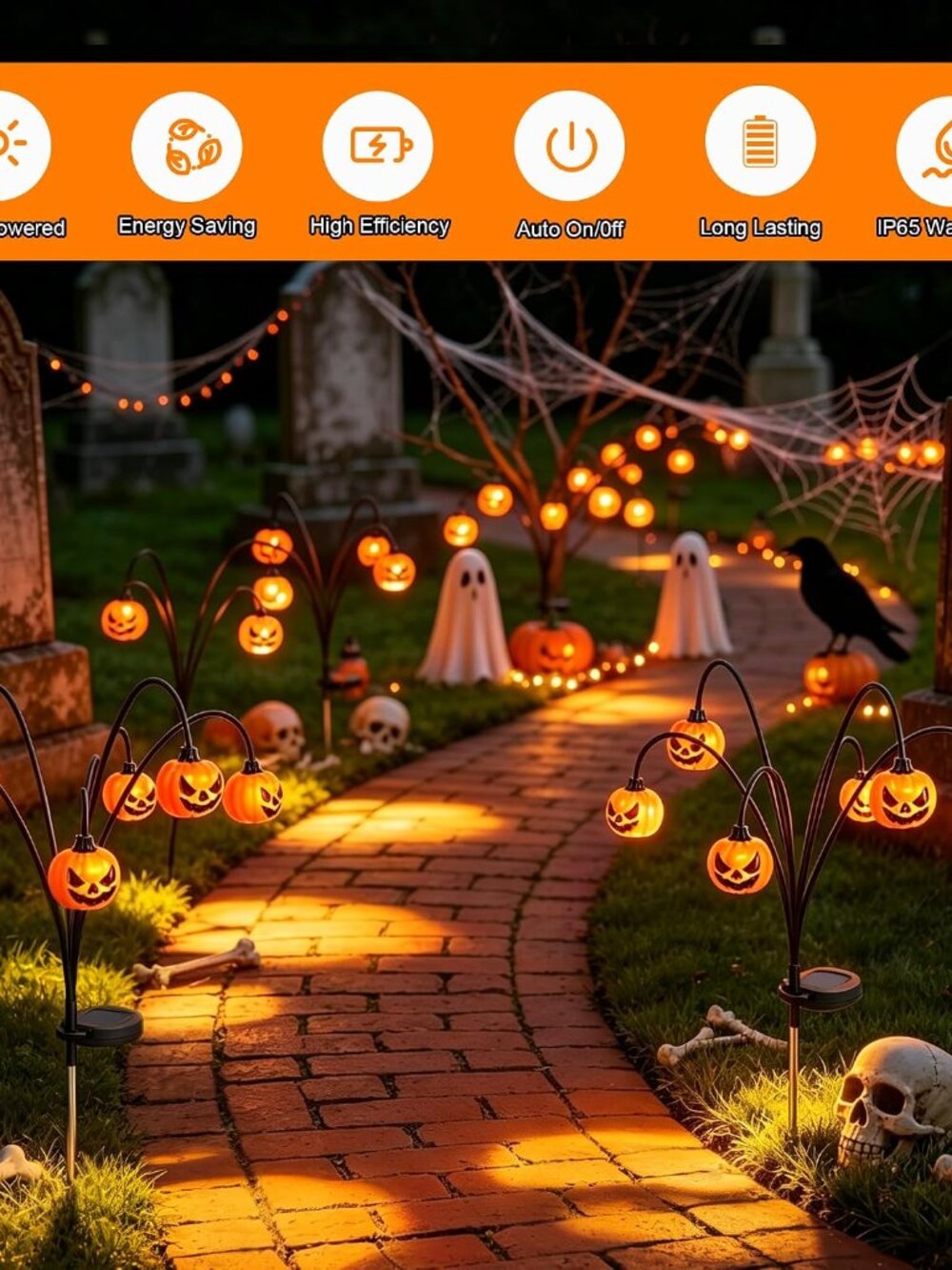 2 Pack Solar Halloween Lights Outdoor Decorations, Fall Pumpkin Lanterns - Picture 4 of 8